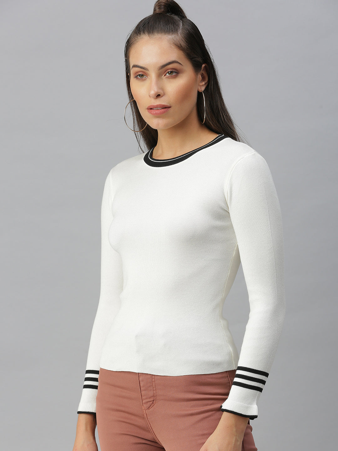 Women Solid Off White Fitted Top