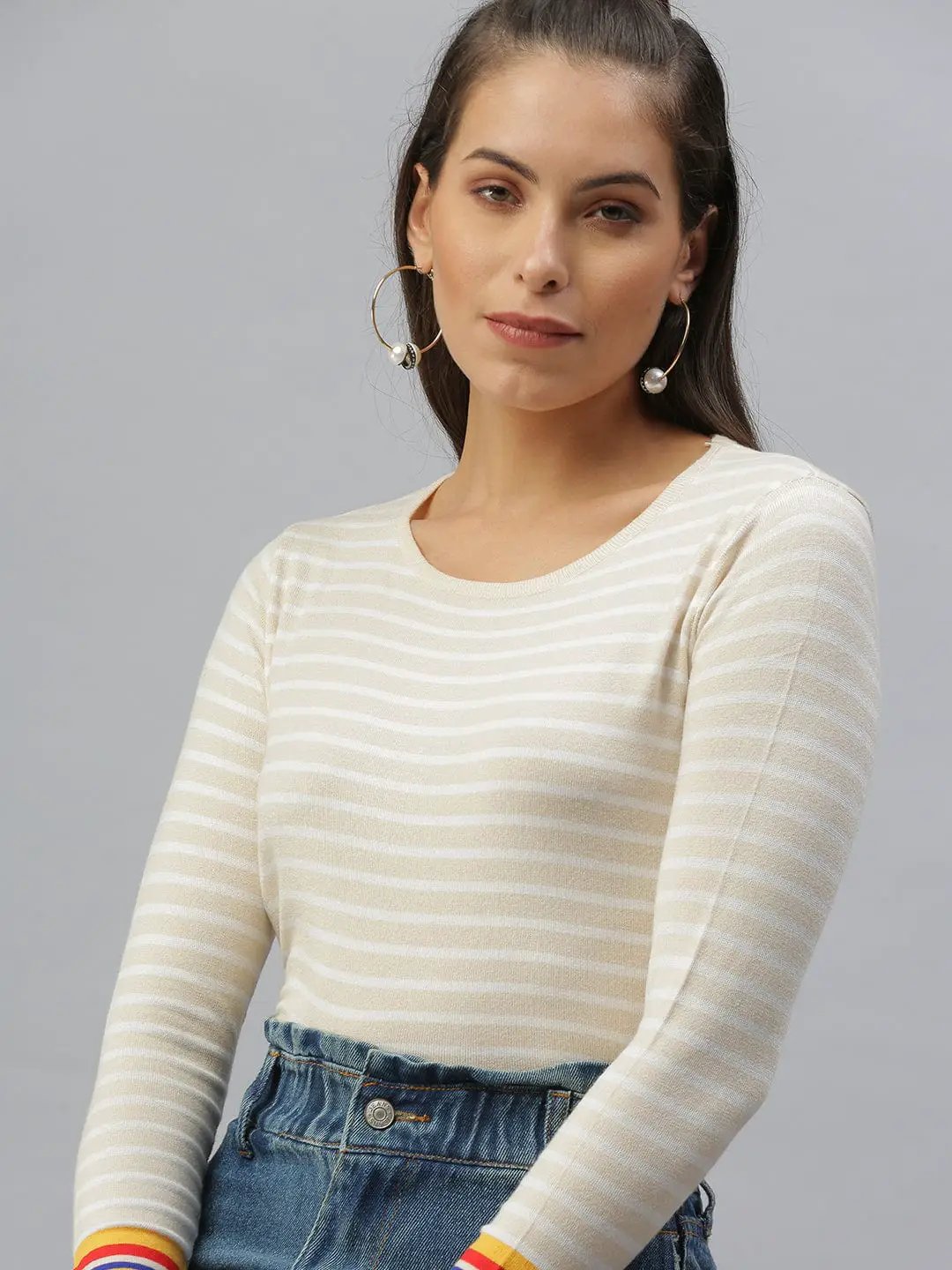 Women's Striped Beige Fitted Top