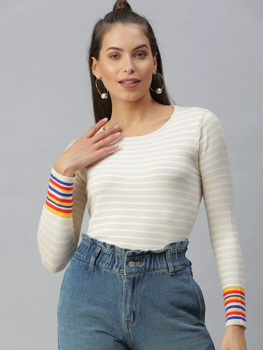 Women's Striped Beige Fitted Top