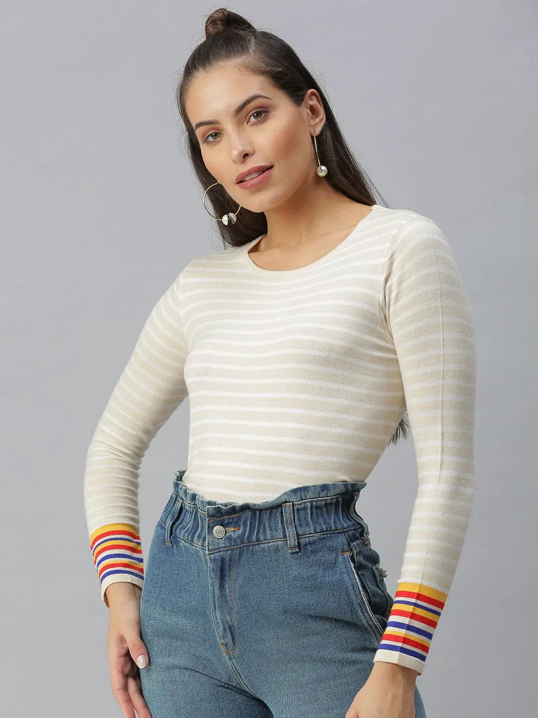 Women's Striped Beige Fitted Top