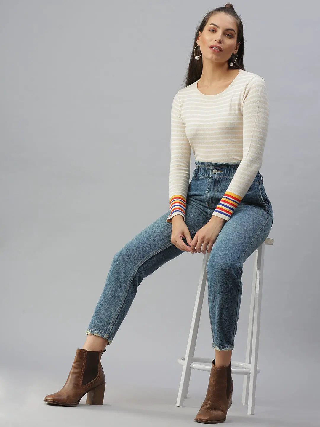 Women's Striped Beige Fitted Top