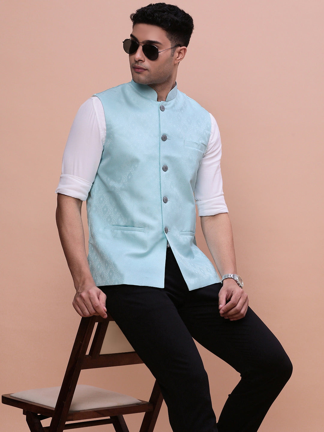 Men Woven Design Blue Slim Fit Nehru Jacket