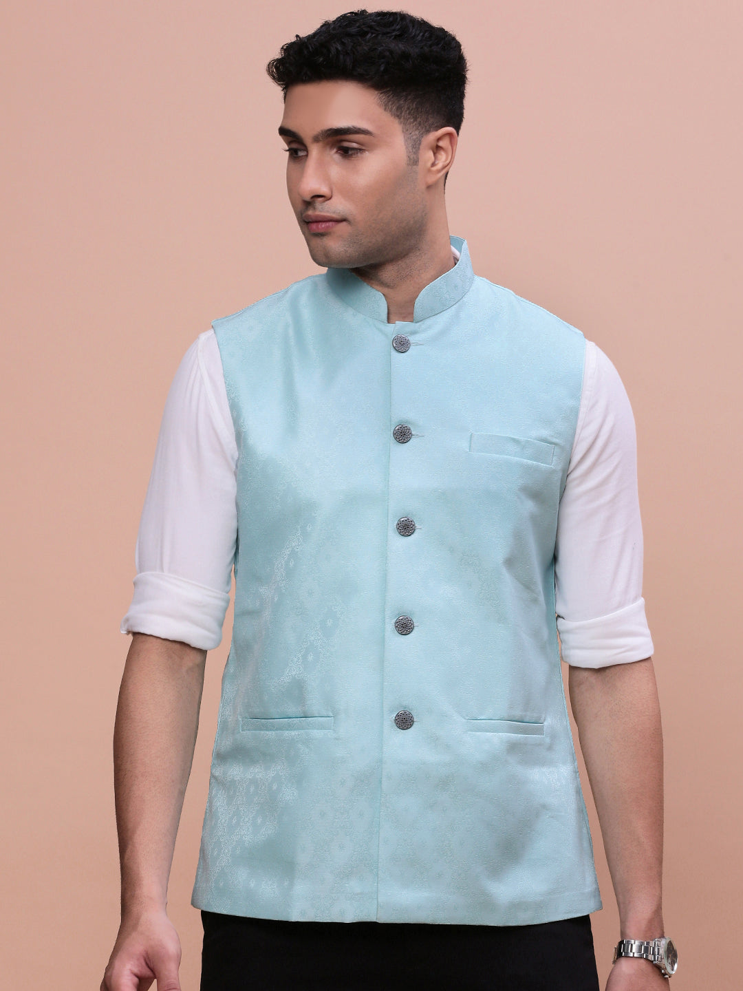 Men Woven Design Blue Slim Fit Nehru Jacket