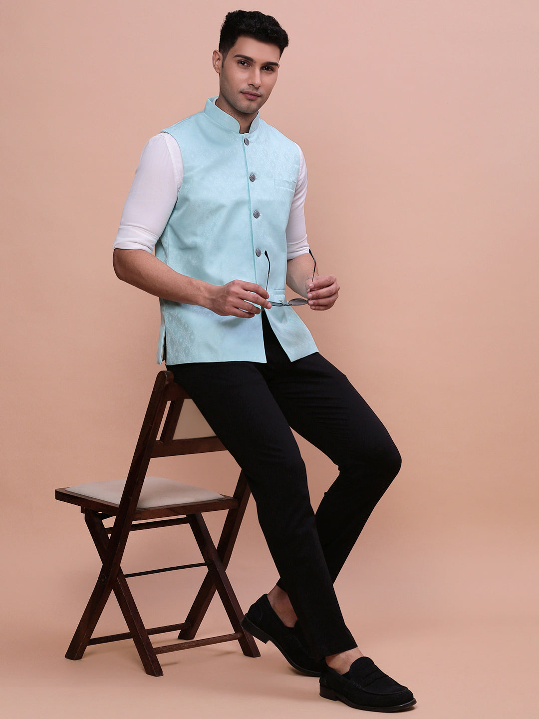 Men Woven Design Blue Slim Fit Nehru Jacket