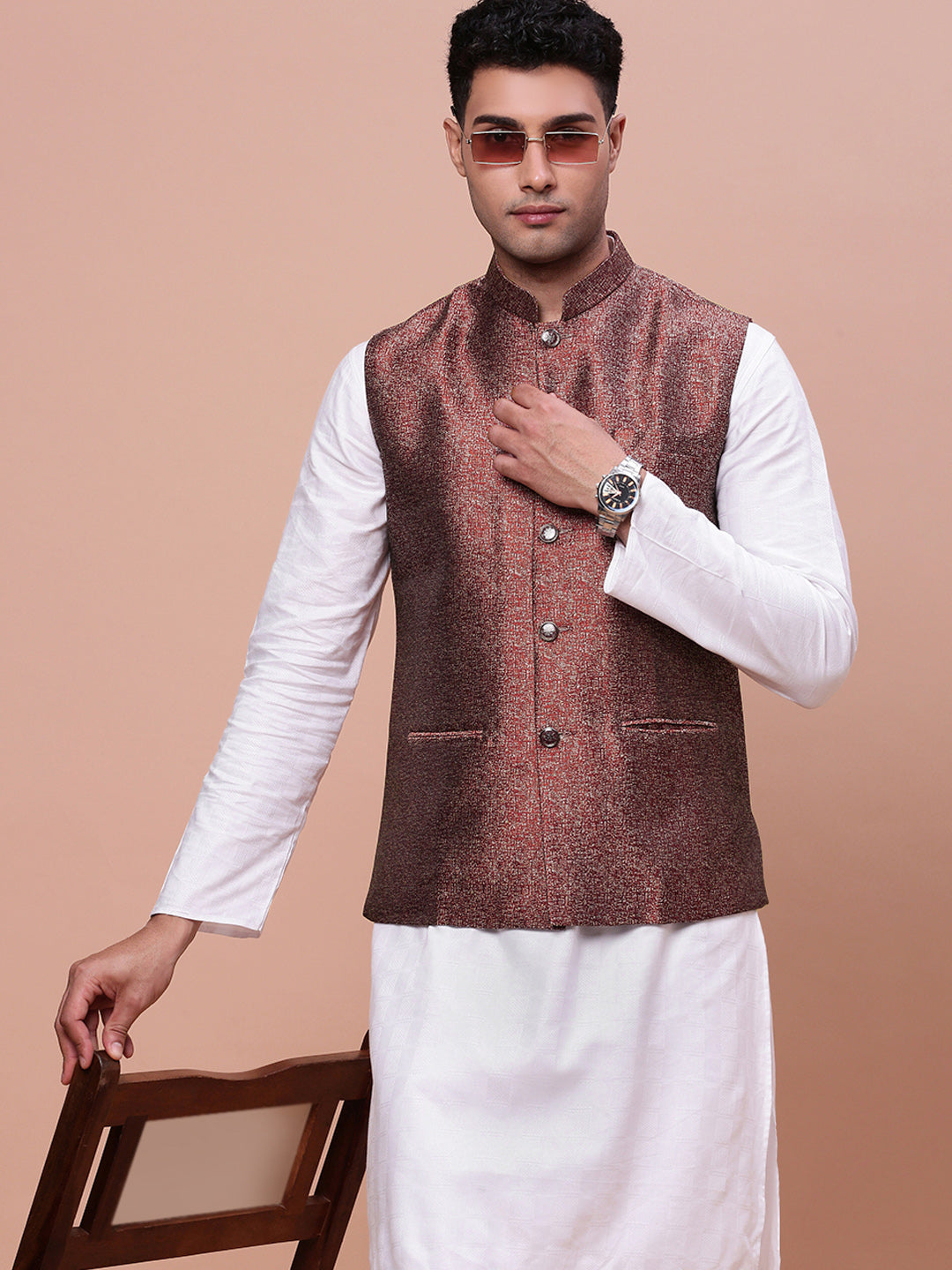 Men Woven Design Maroon Slim Fit Nehru Jacket