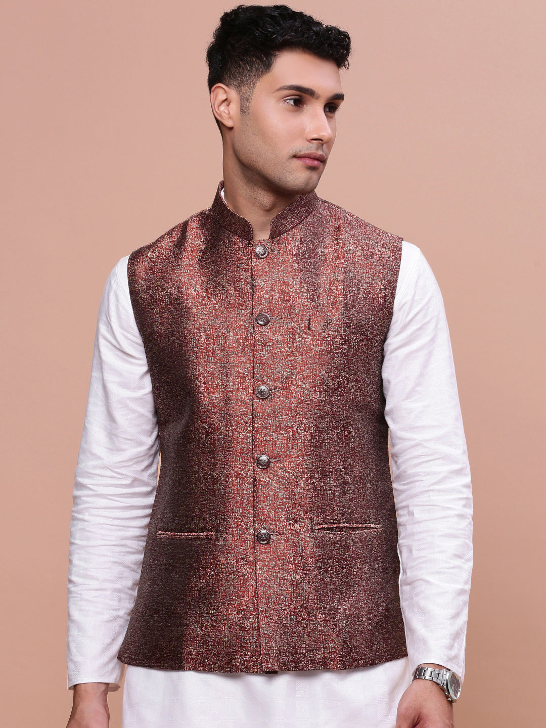 Men Woven Design Maroon Slim Fit Nehru Jacket