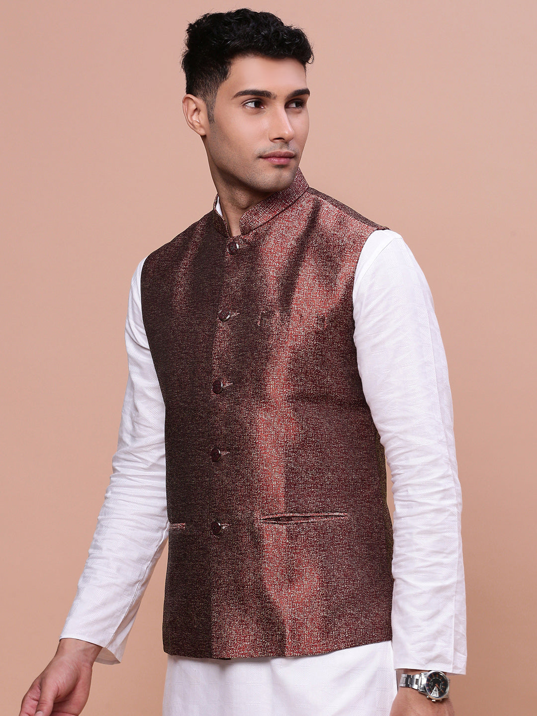 Men Woven Design Maroon Slim Fit Nehru Jacket