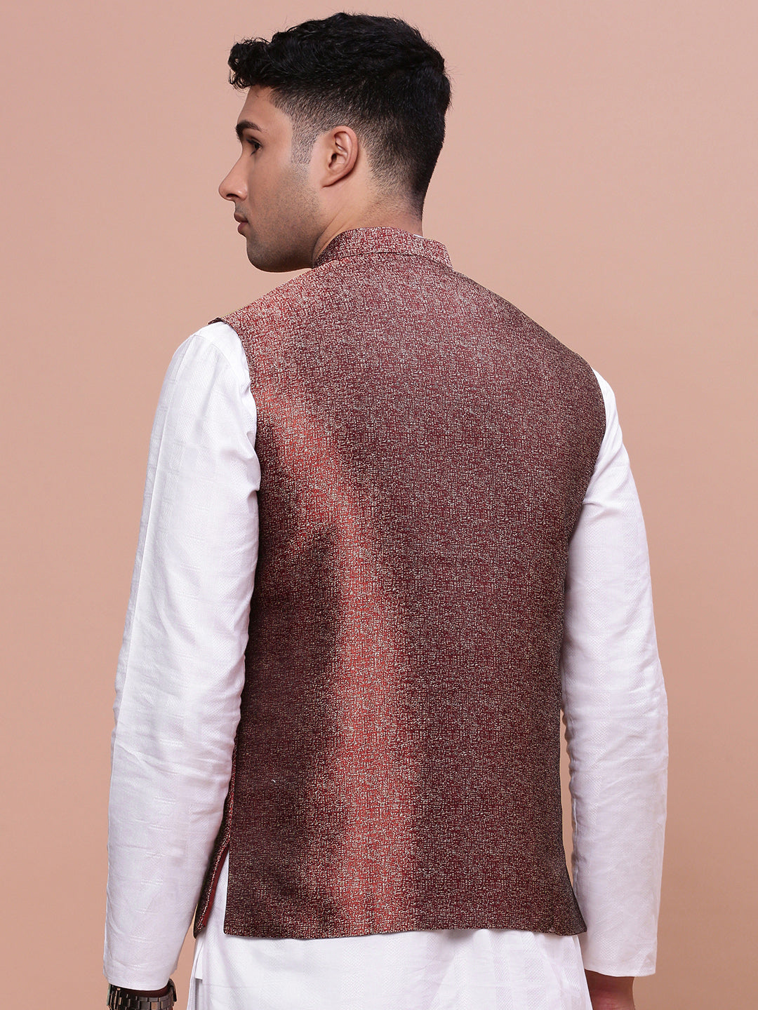 Men Woven Design Maroon Slim Fit Nehru Jacket