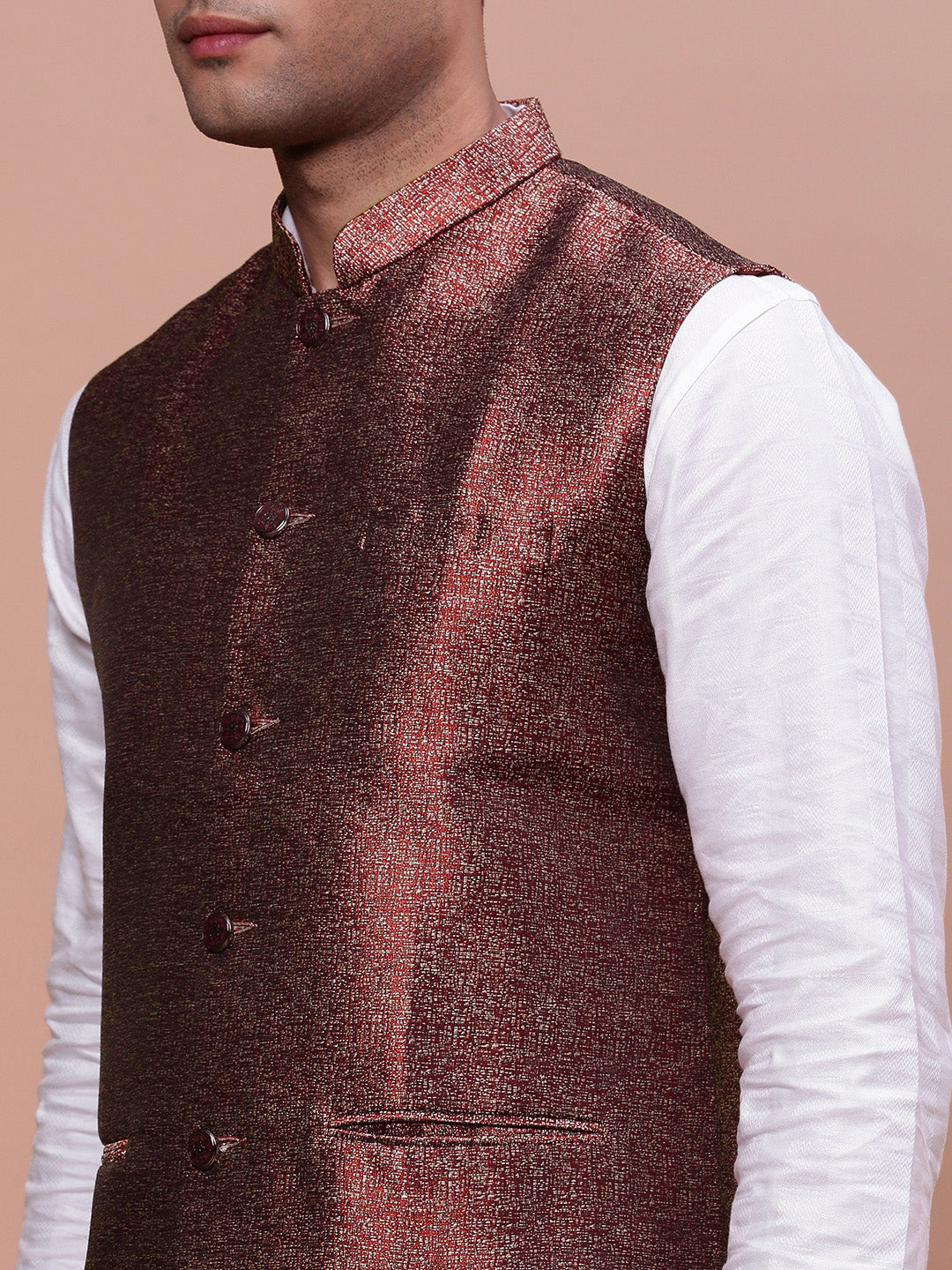 Men Woven Design Maroon Slim Fit Nehru Jacket