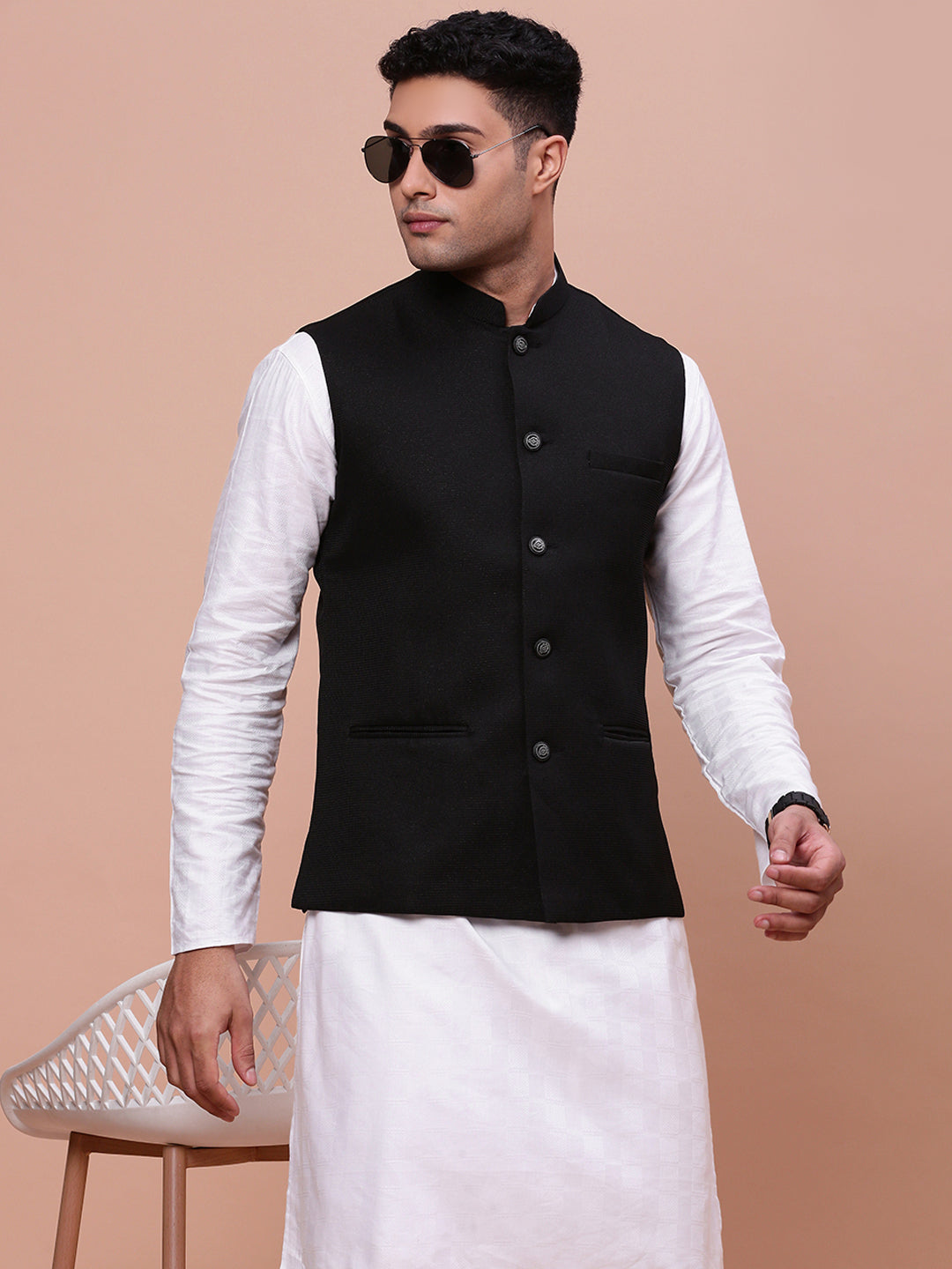 Men Woven Design Black Slim Fit Nehru Jacket