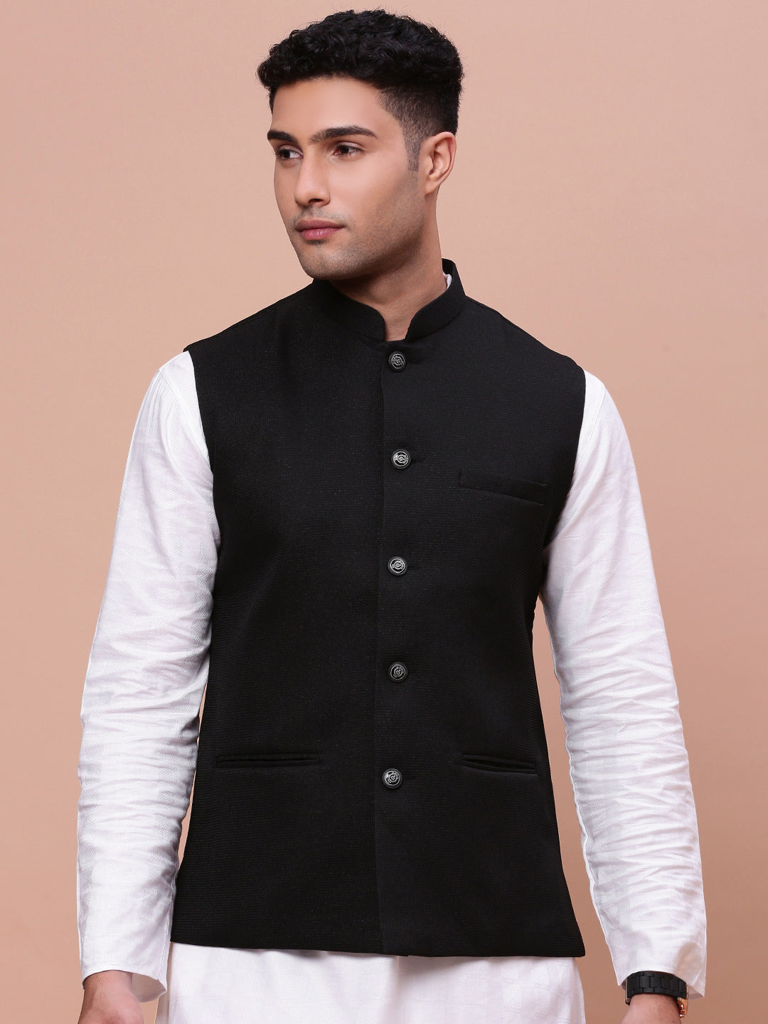 Men Woven Design Black Slim Fit Nehru Jacket