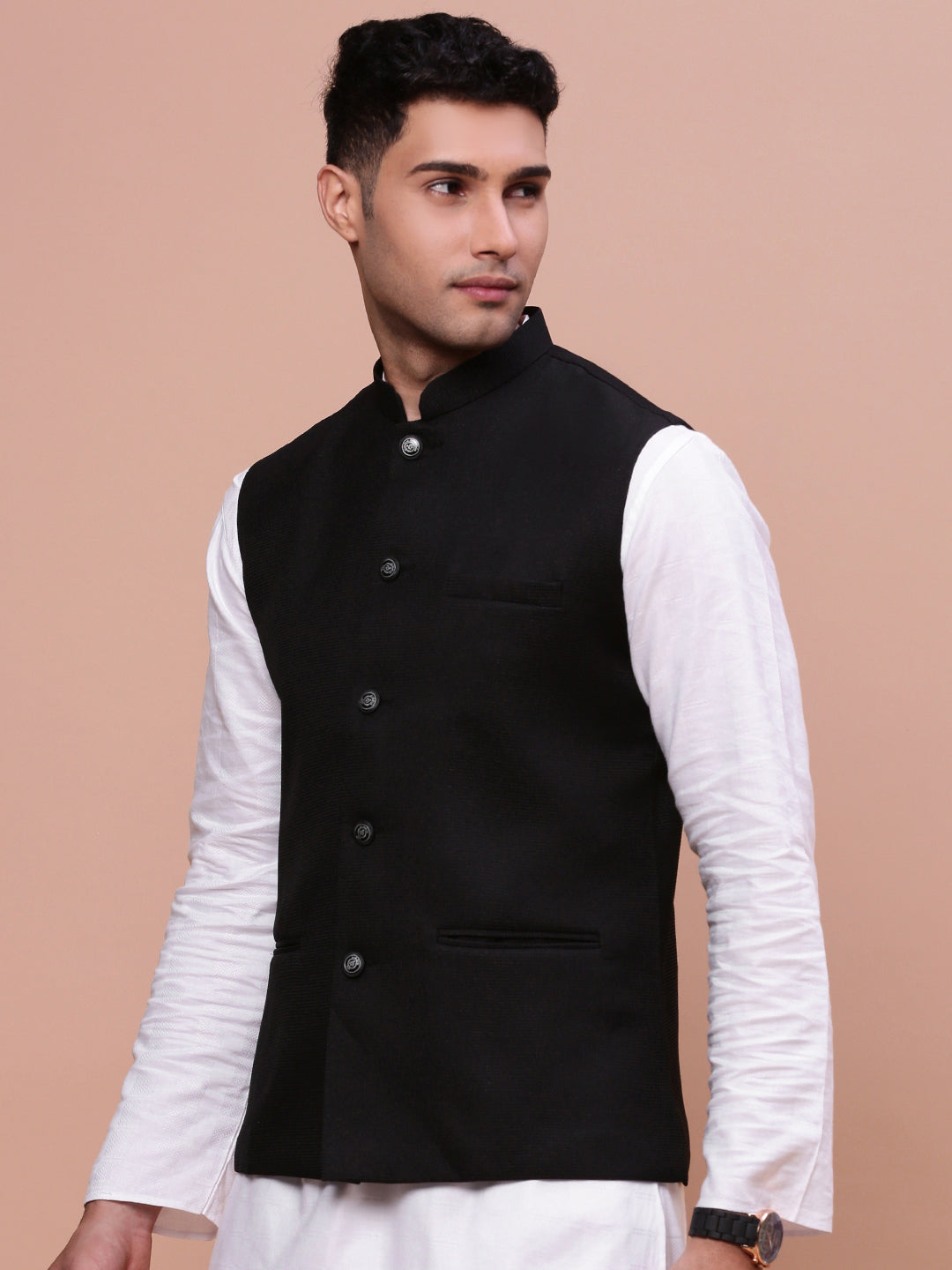 Men Woven Design Black Slim Fit Nehru Jacket