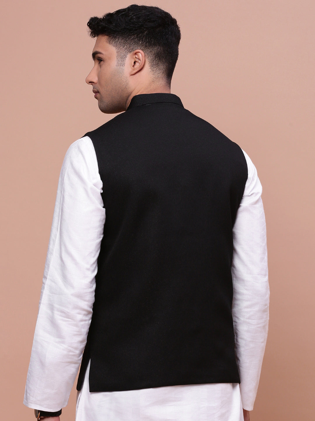 Men Woven Design Black Slim Fit Nehru Jacket