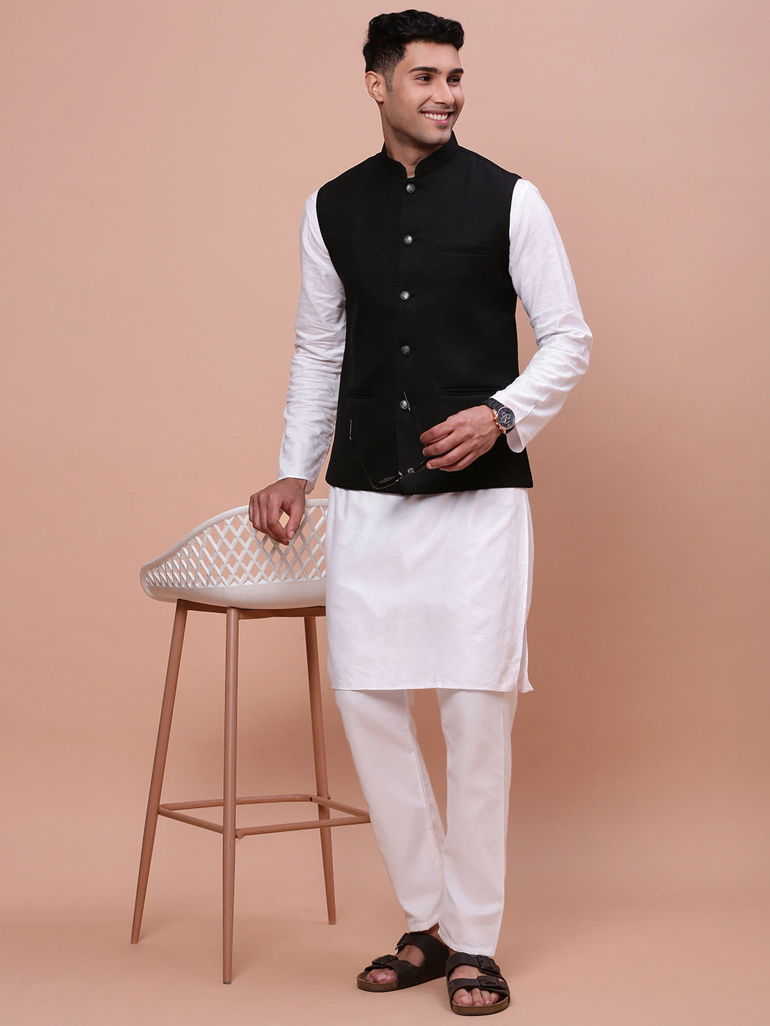 Men Woven Design Black Slim Fit Nehru Jacket