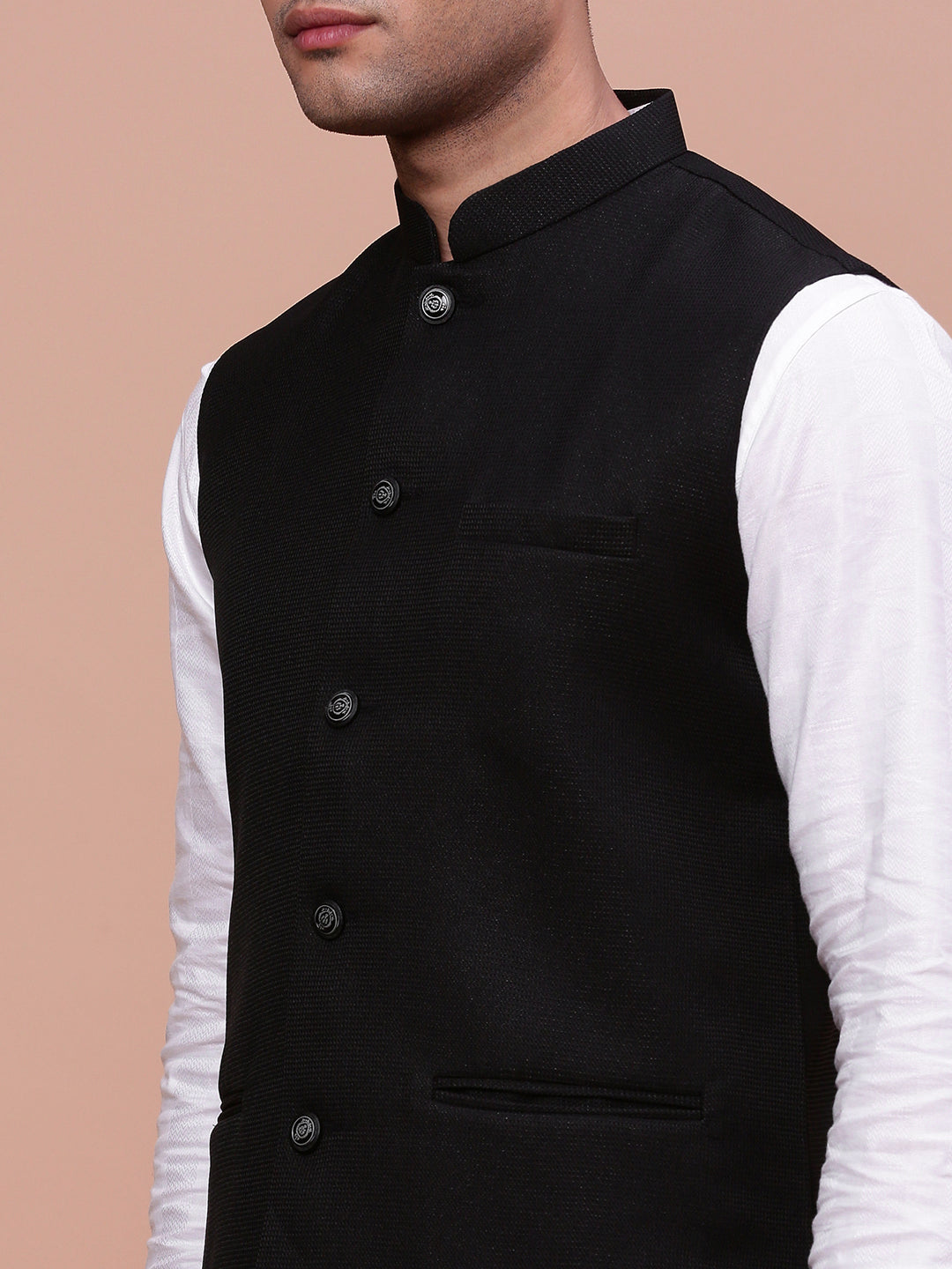 Men Woven Design Black Slim Fit Nehru Jacket