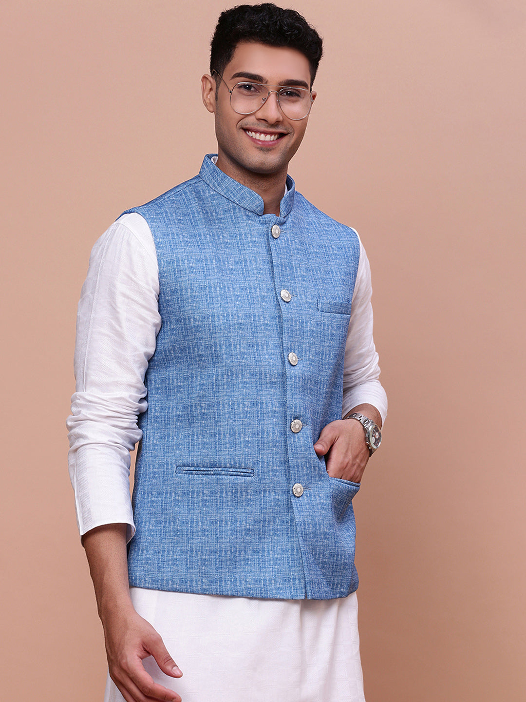 Men Woven Design Blue Slim Fit Nehru Jacket