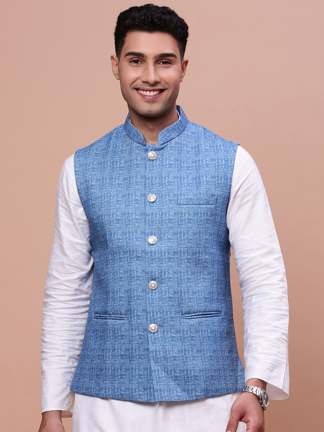 Men Woven Design Blue Slim Fit Nehru Jacket