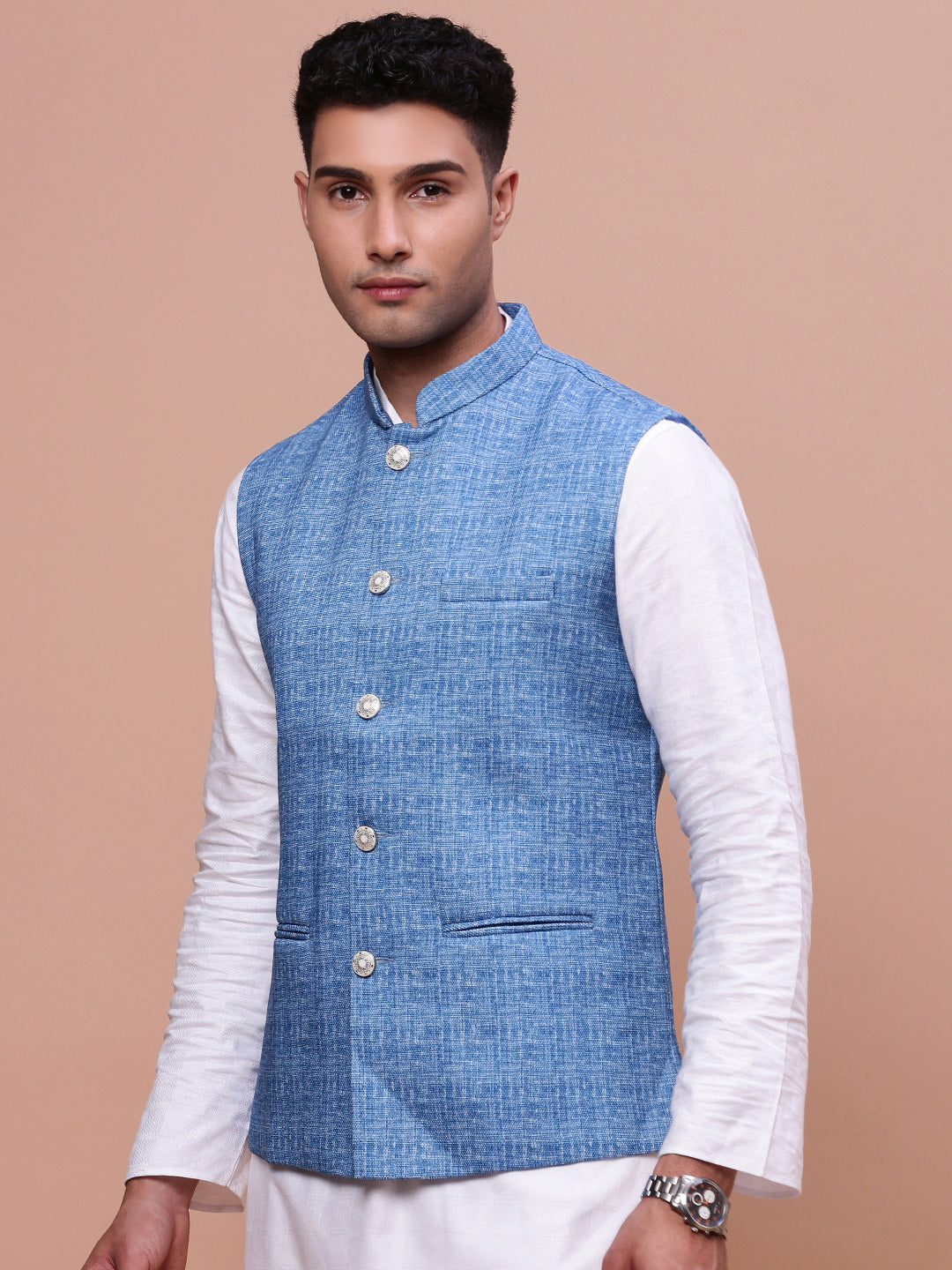 Men Woven Design Blue Slim Fit Nehru Jacket