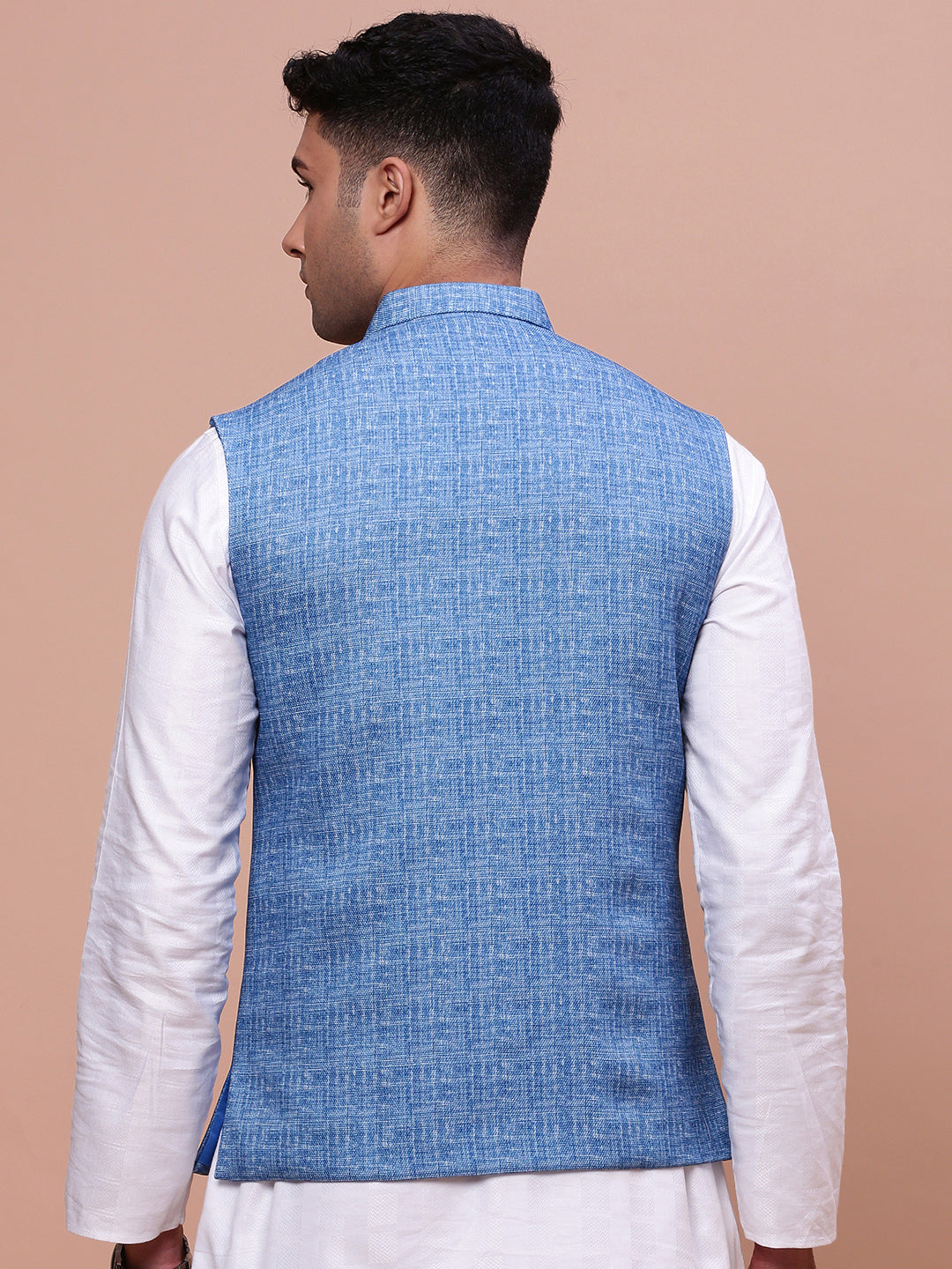 Men Woven Design Blue Slim Fit Nehru Jacket