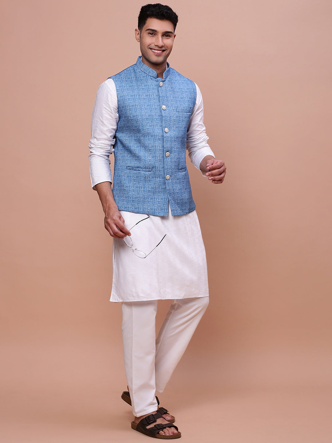 Men Woven Design Blue Slim Fit Nehru Jacket