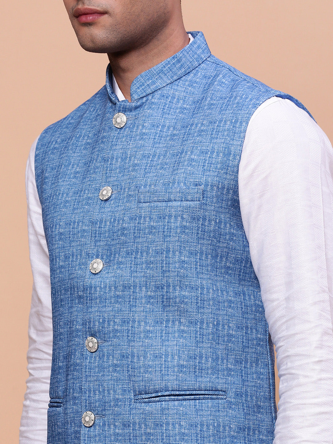 Men Woven Design Blue Slim Fit Nehru Jacket