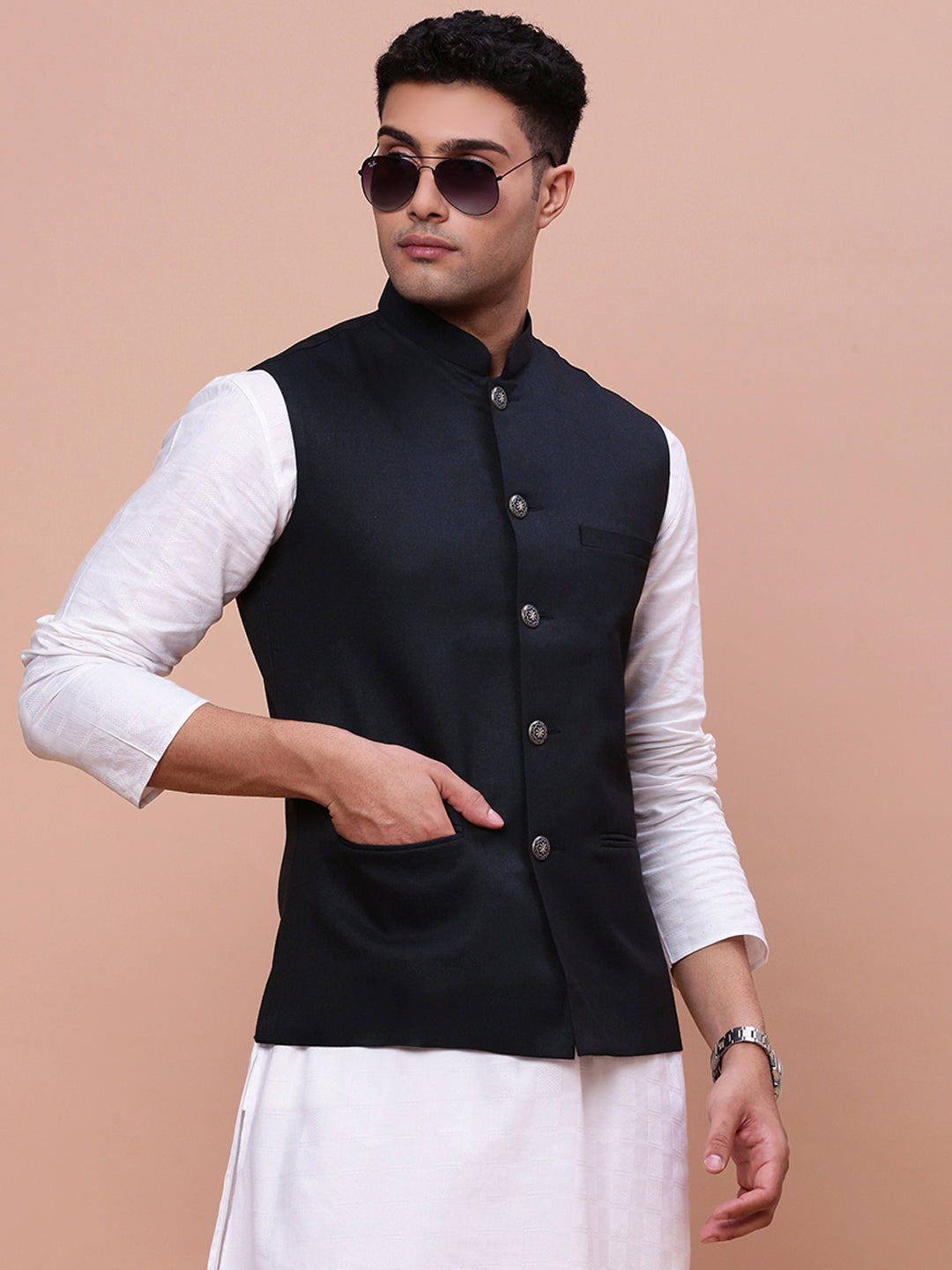 Men Solid Navy Blue Slim Fit Nehru Jacket