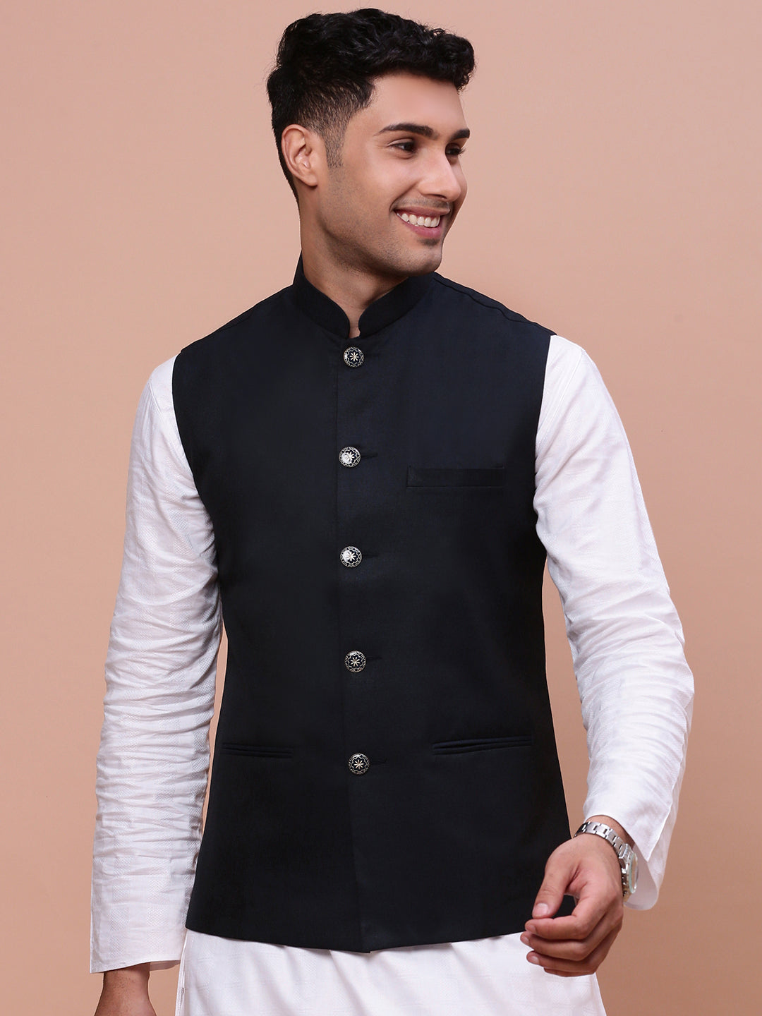 Men Solid Navy Blue Slim Fit Nehru Jacket