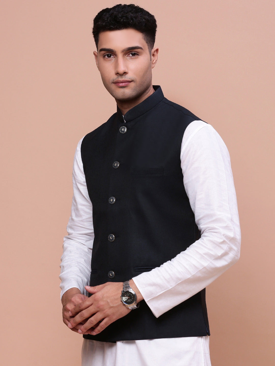 Men Solid Navy Blue Slim Fit Nehru Jacket