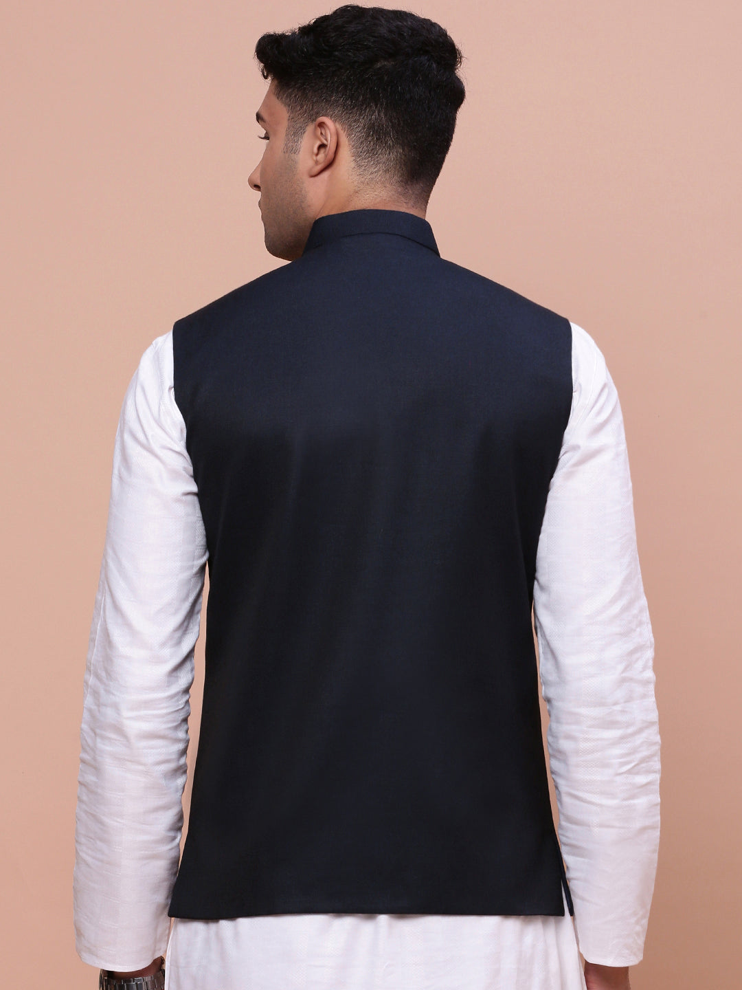 Men Solid Navy Blue Slim Fit Nehru Jacket