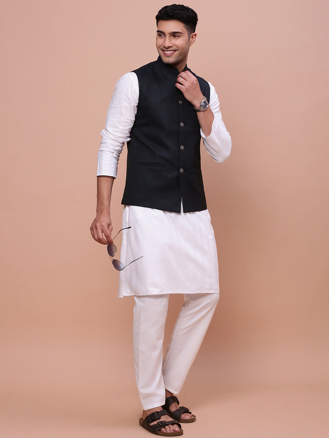 Men Solid Navy Blue Slim Fit Nehru Jacket