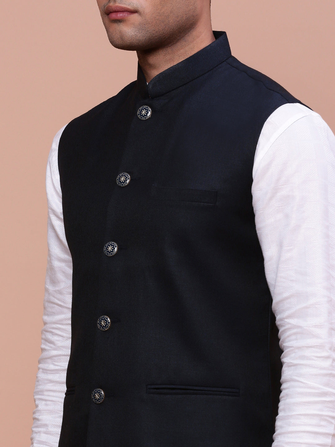 Men Solid Navy Blue Slim Fit Nehru Jacket