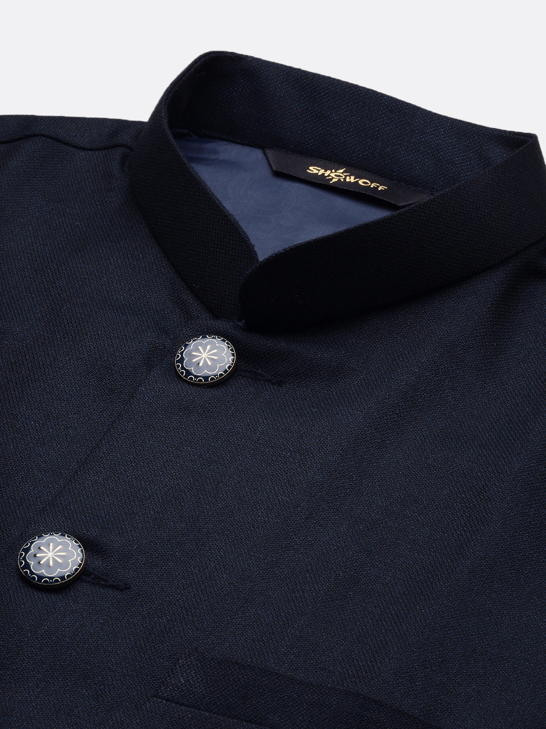 Men Solid Navy Blue Slim Fit Nehru Jacket