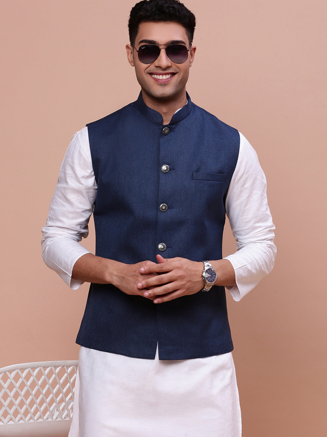 Men Solid Navy Blue Slim Fit Nehru Jacket