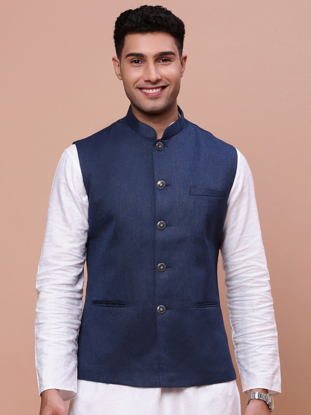 Men Solid Navy Blue Slim Fit Nehru Jacket