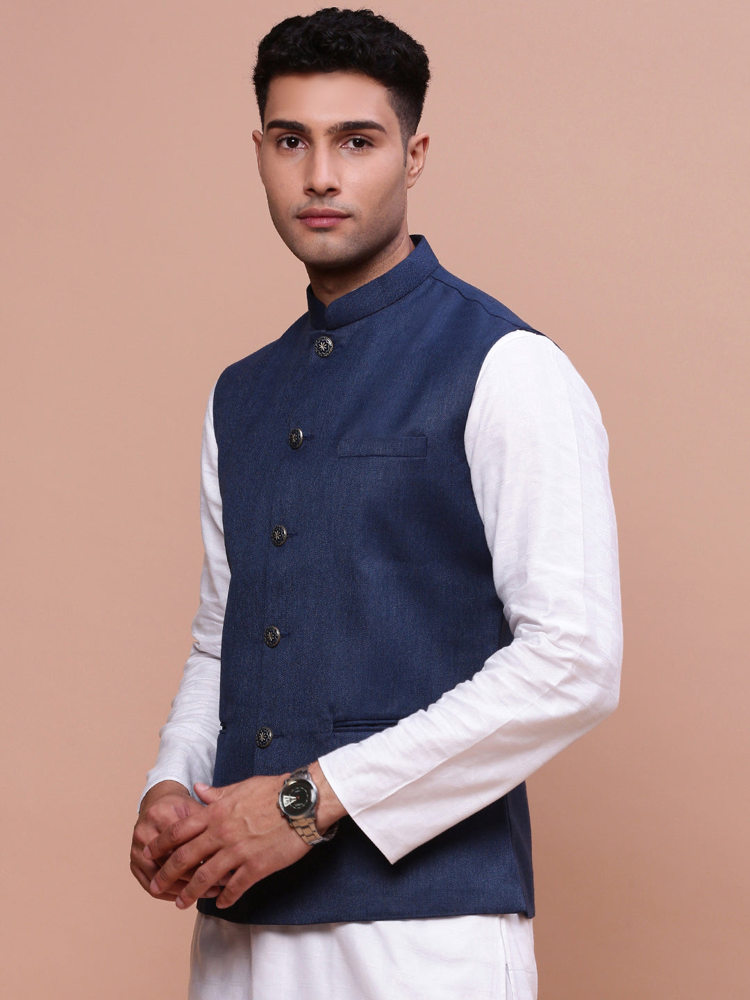 Men Solid Navy Blue Slim Fit Nehru Jacket