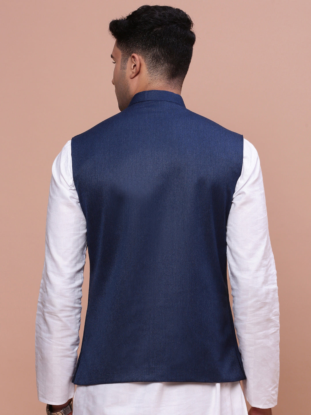 Men Solid Navy Blue Slim Fit Nehru Jacket