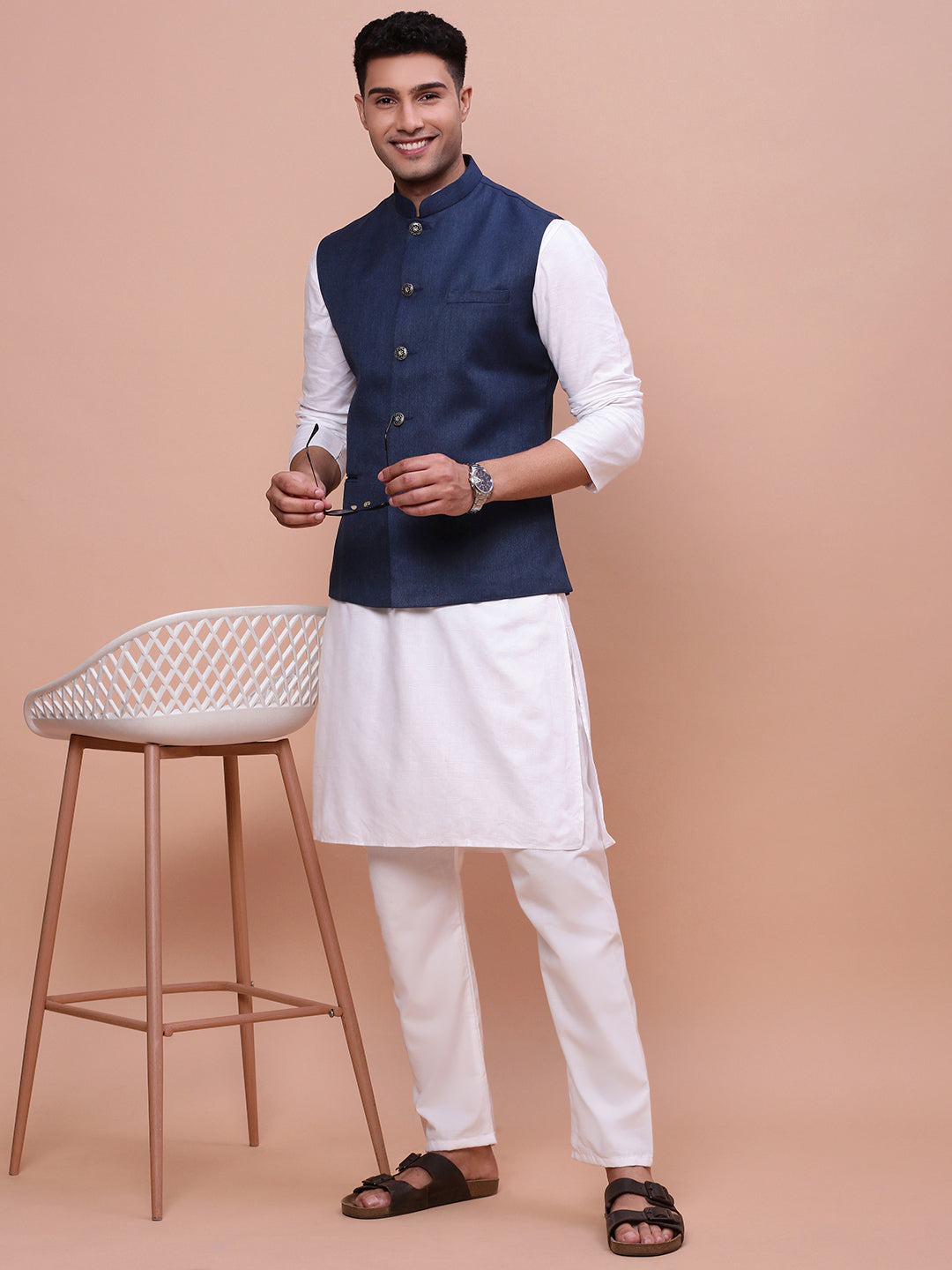 Men Solid Navy Blue Slim Fit Nehru Jacket