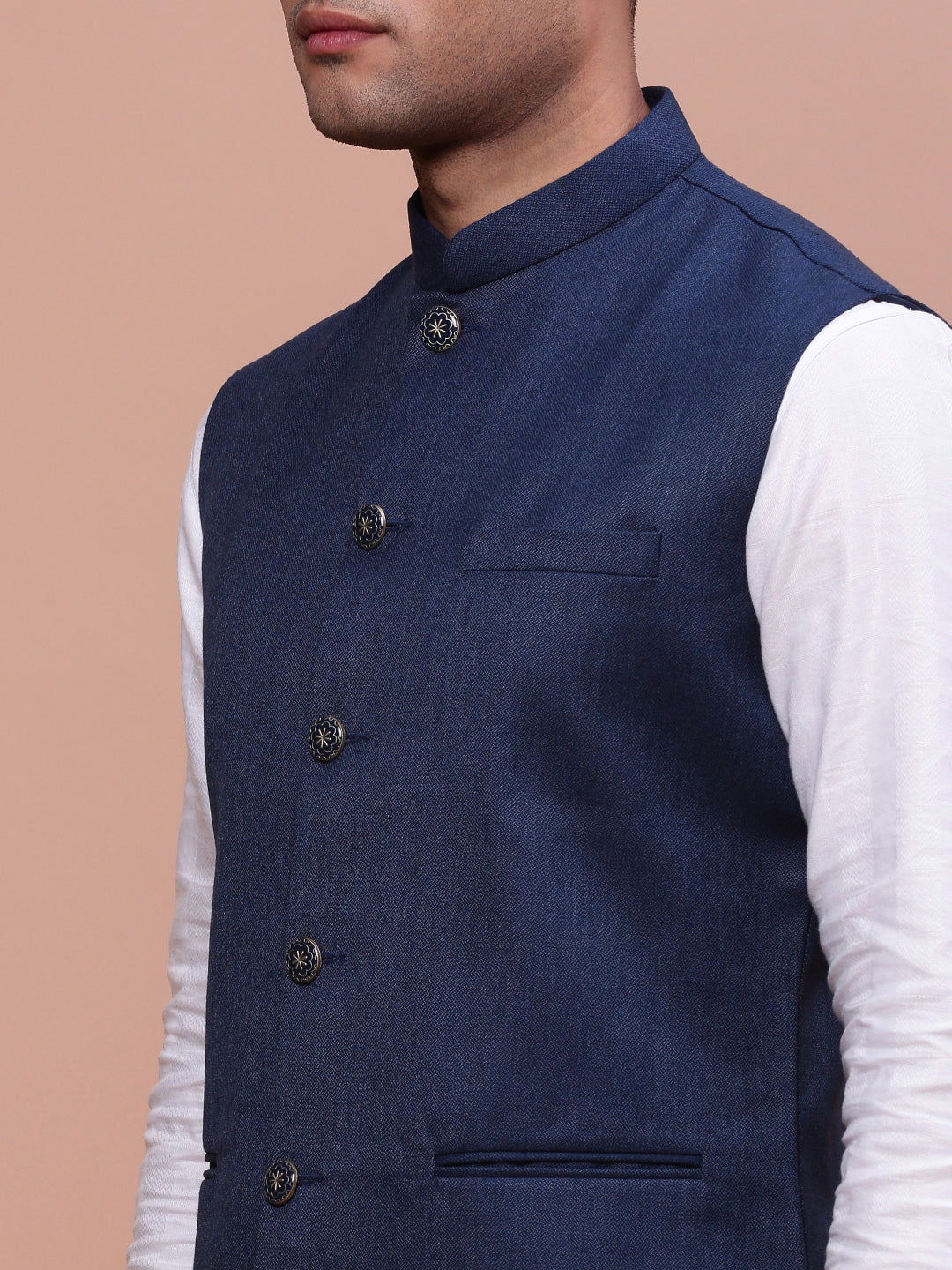 Men Solid Navy Blue Slim Fit Nehru Jacket