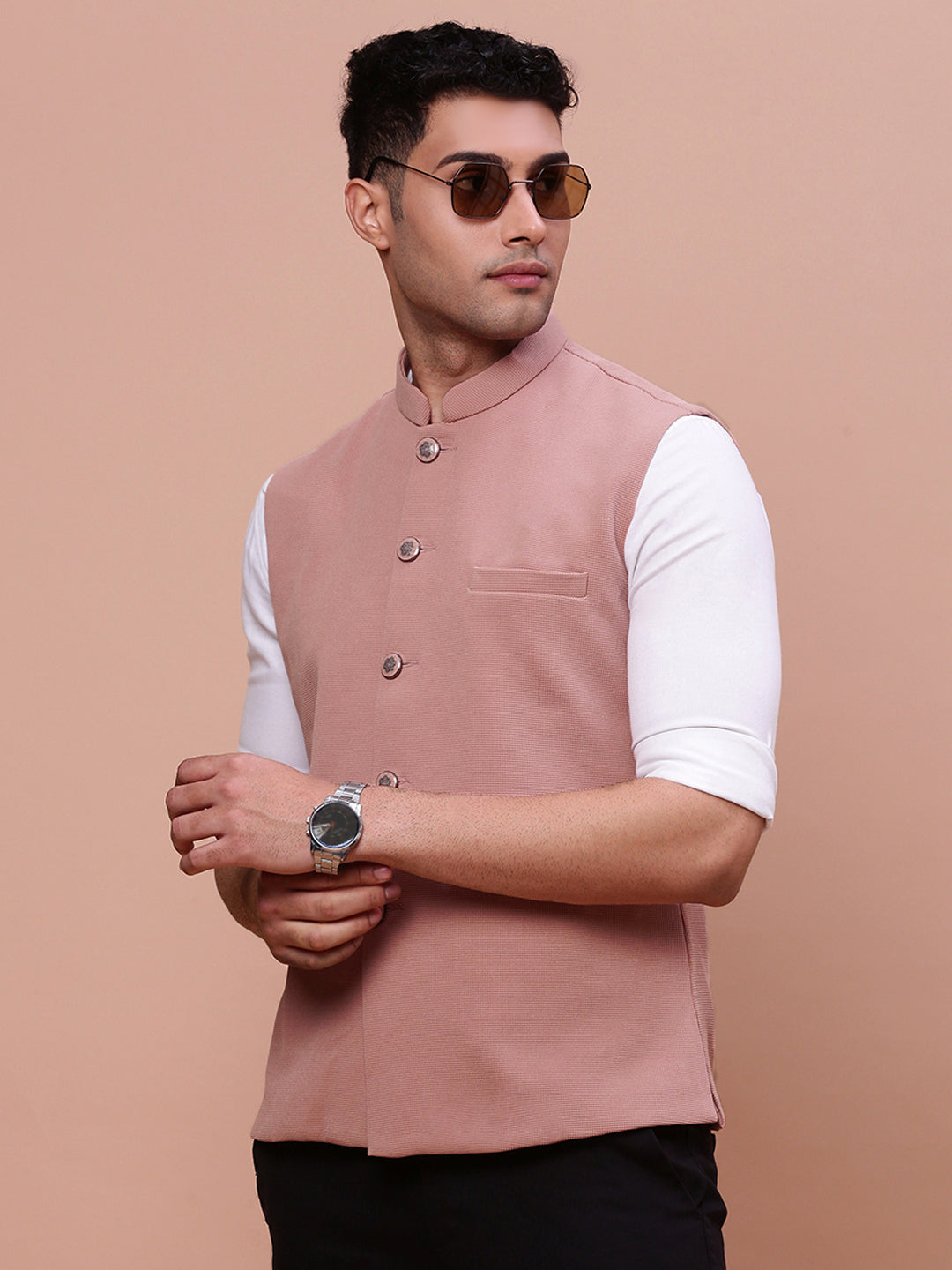 Men Woven Design Peach Slim Fit Nehru Jacket