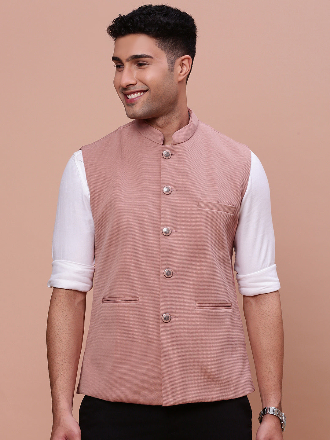 Men Woven Design Peach Slim Fit Nehru Jacket