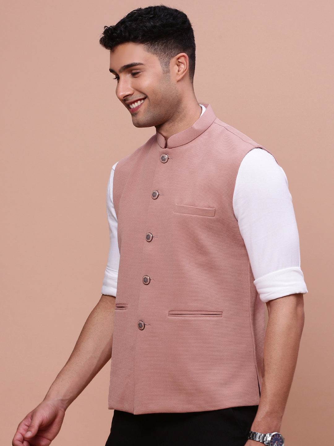 Men Woven Design Peach Slim Fit Nehru Jacket