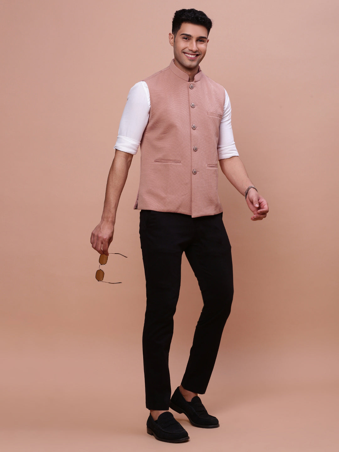 Men Woven Design Peach Slim Fit Nehru Jacket