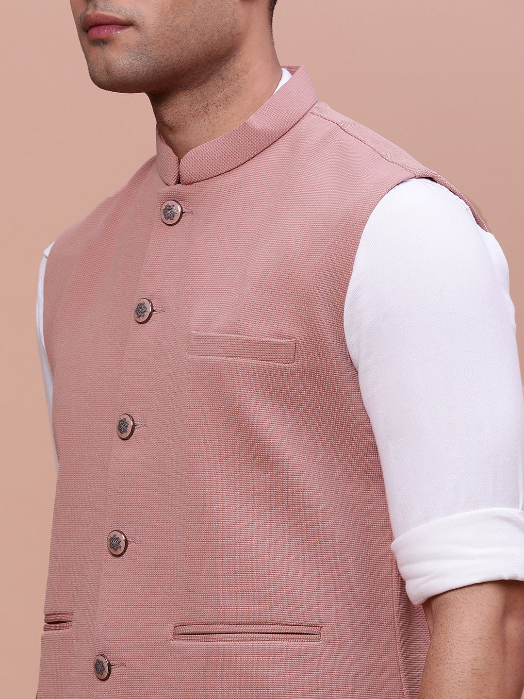 Men Woven Design Peach Slim Fit Nehru Jacket