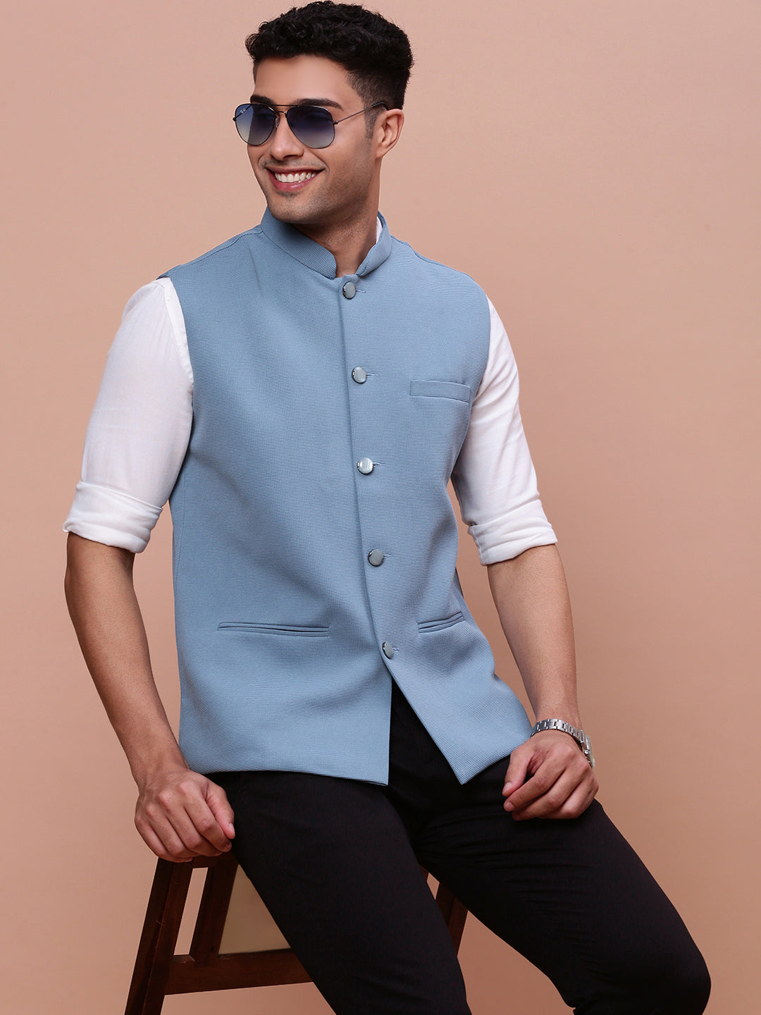 Men Woven Design Blue Slim Fit Nehru Jacket