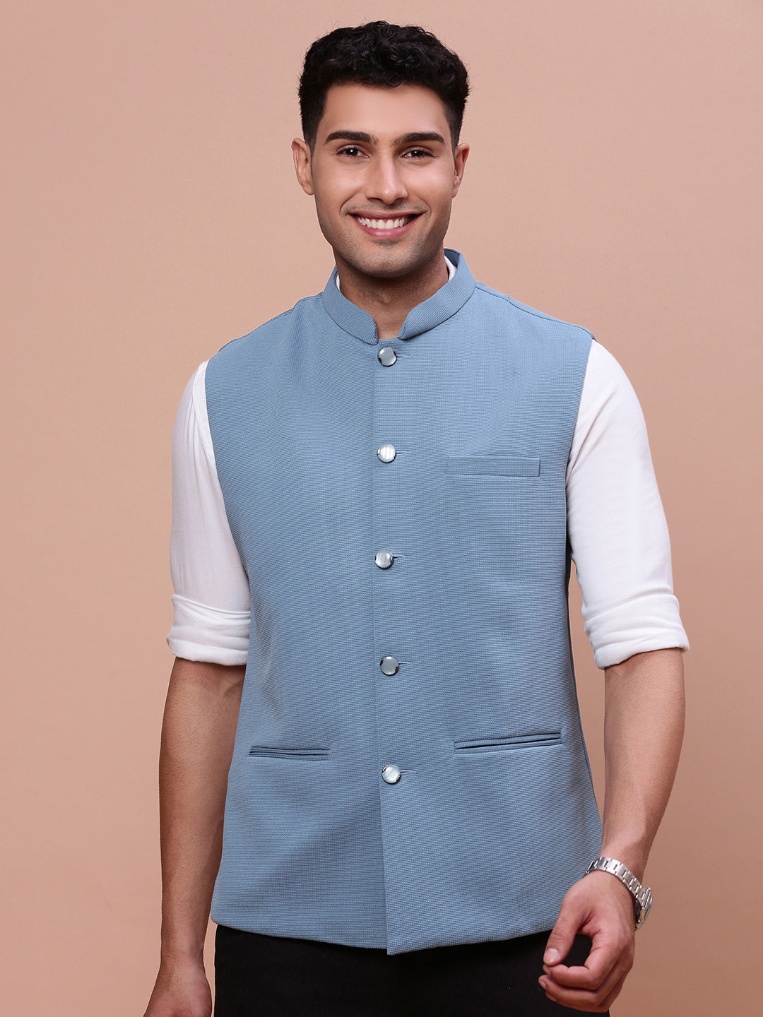 Men Woven Design Blue Slim Fit Nehru Jacket