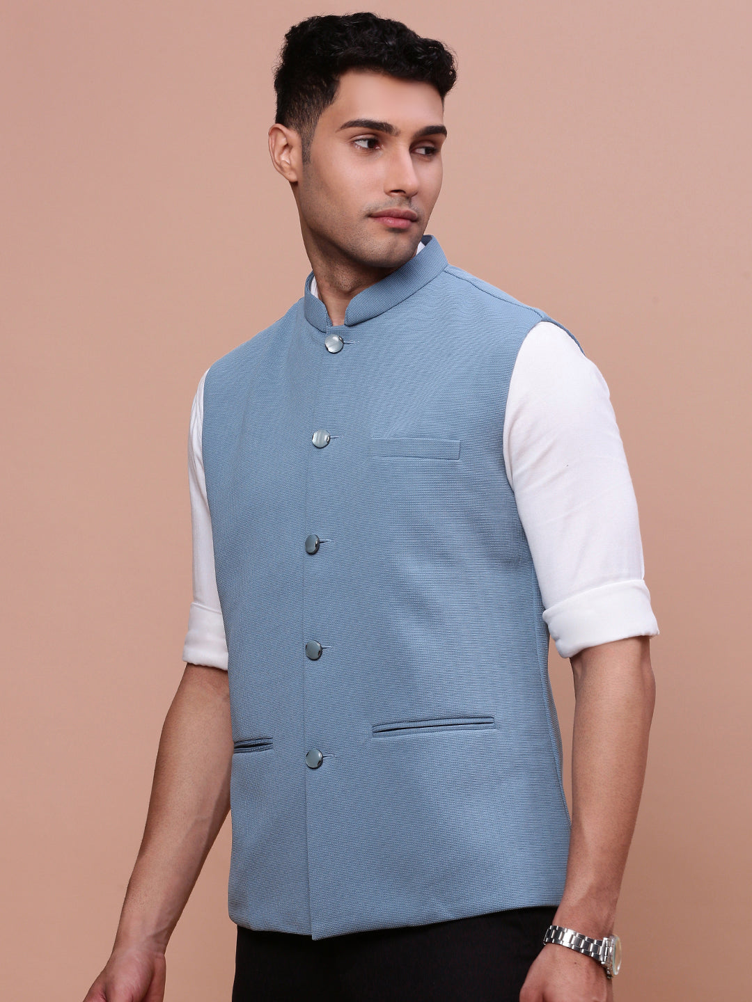 Men Woven Design Blue Slim Fit Nehru Jacket