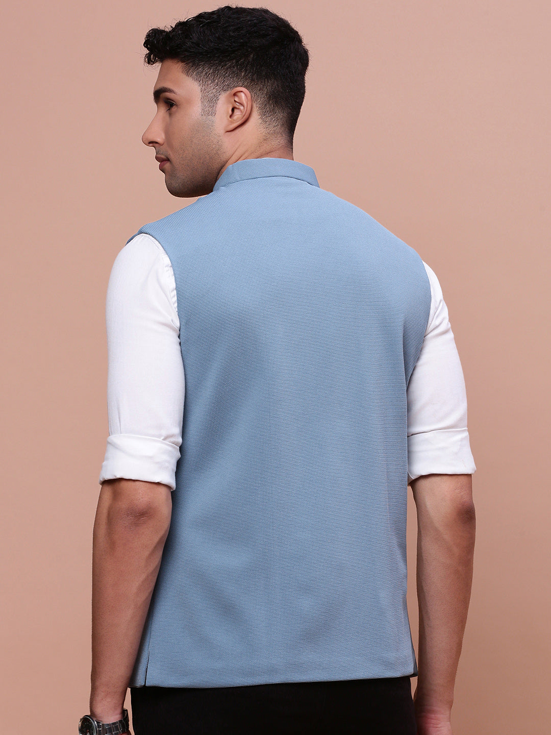 Men Woven Design Blue Slim Fit Nehru Jacket