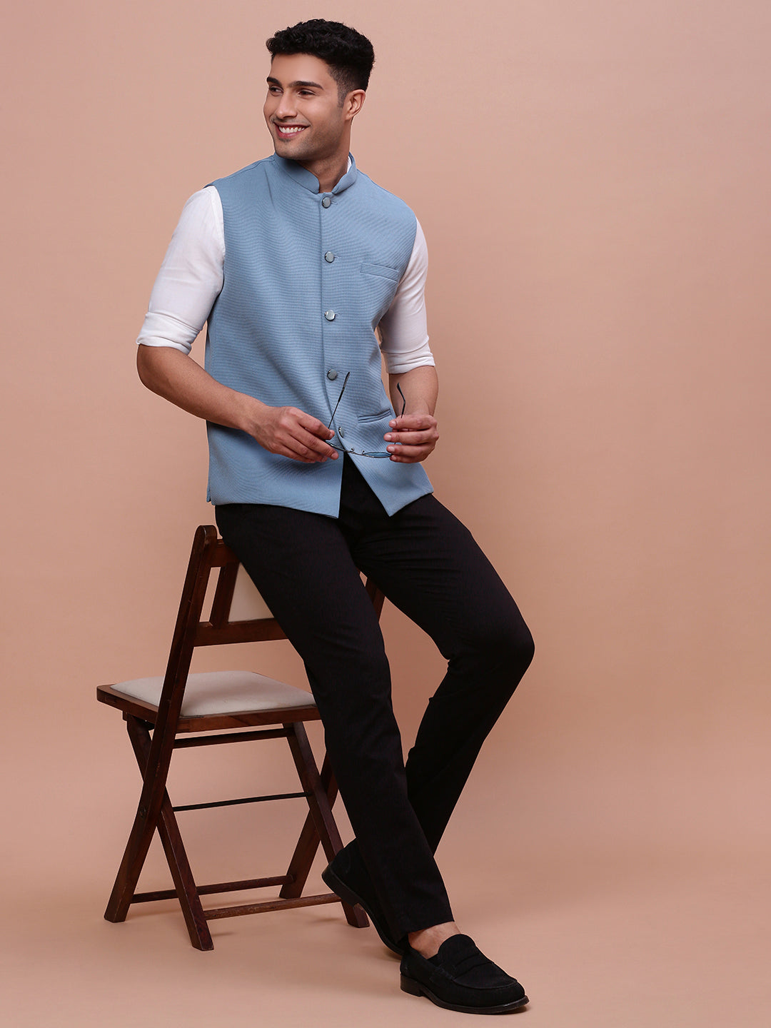 Men Woven Design Blue Slim Fit Nehru Jacket