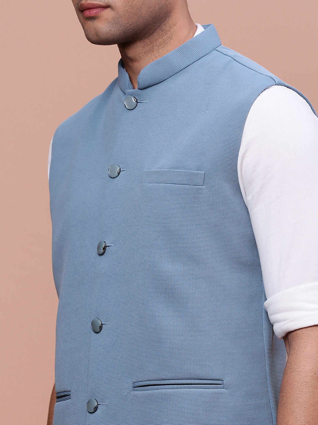 Men Woven Design Blue Slim Fit Nehru Jacket