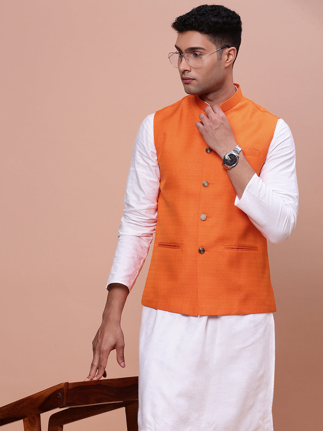 Men Solid Orange Slim Fit Nehru Jacket